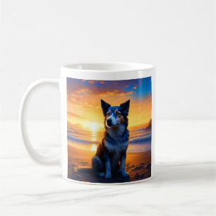 Hond zittend op Ocean Beach bij zonsondergang met  Koffiemok
