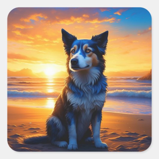 Hond zittend op Ocean Beach bij zonsondergang Vierkante Sticker (Voorkant)