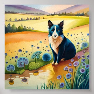 Hond zwart en wit in het bloemenveld poster