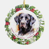 Hond zwart labrador gepersonaliseerde krans kerst keramisch ornament (Achterkant)
