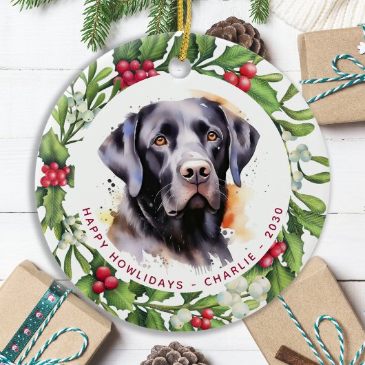 Hond zwart labrador gepersonaliseerde krans kerst keramisch ornament