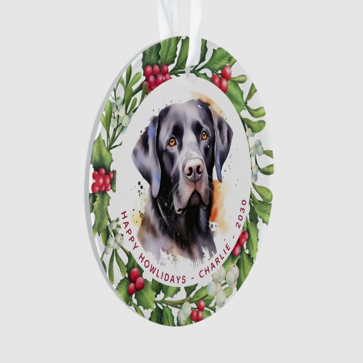 Hond zwart labrador gepersonaliseerde krans kerst ornament (voorkant)