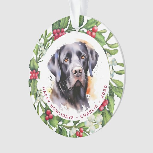 Hond zwart labrador gepersonaliseerde krans kerst ornament (voorkant)