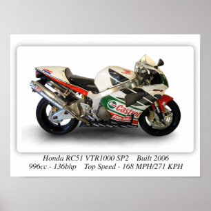 Honda RC51 VTR1000 SP2 Castrol Motorcycle - A3 Poster