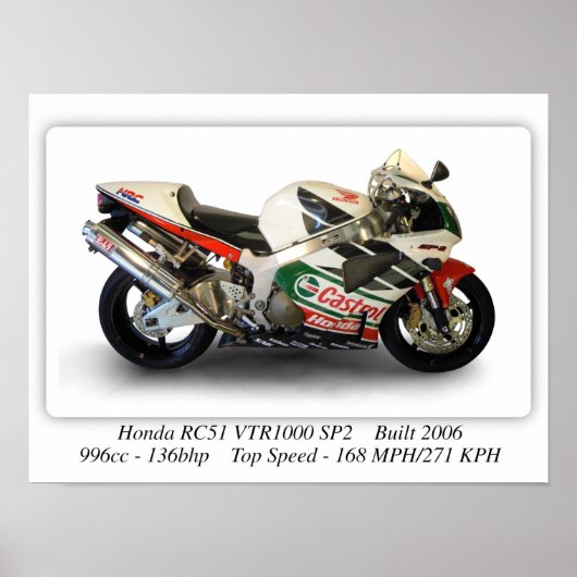 Honda RC51 VTR1000 SP2 Castrol Motorcycle - A3 Poster (Voorkant)