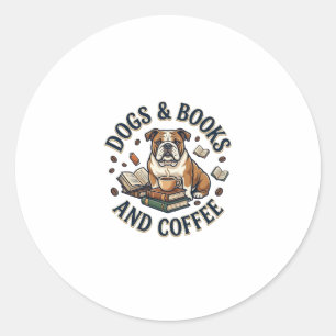 Honden Boeken Koffie Bulldog Stapel Bekertje_1 Ronde Sticker