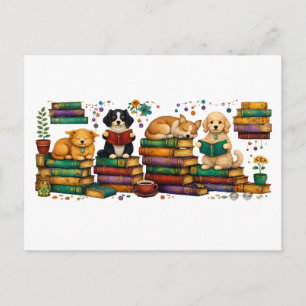Honden die boeken lezen, gezellige bibliotheek scè briefkaart