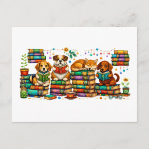 Honden die boeken lezen, gezellige bibliotheek scè briefkaart