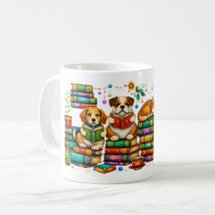 Honden die boeken lezen, gezellige bibliotheek scè koffiemok