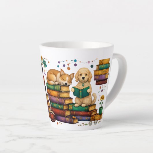 Honden die boeken lezen, gezellige bibliotheek scè latte mok (Rechterhoek)