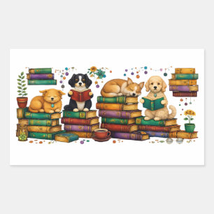 Honden die boeken lezen, gezellige bibliotheek scè rechthoekige sticker