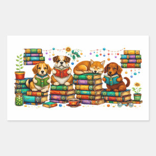 Honden die boeken lezen, gezellige bibliotheek scè rechthoekige sticker