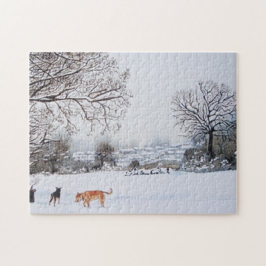 honden die in het winterlandschap van de sneeuwscè legpuzzel (Horizontaal)