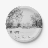 honden die monochroom op sneeuwscène spelen papieren bordje (Voorkant)