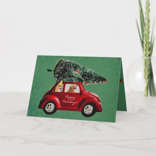 Honden die naar huis rijden met een retro kerstboo feestdagen kaart (Voorkant)
