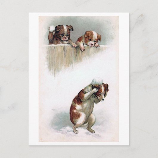 "Honden die Snowball spelen" Vintage Briefkaart (Voorkant)