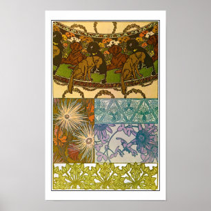 Honden en bloemen van Art Nouveau Style, Mucha Poster