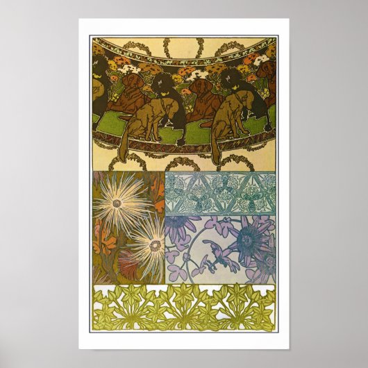 Honden en bloemen van Art Nouveau Style, Mucha Poster (Voorkant)