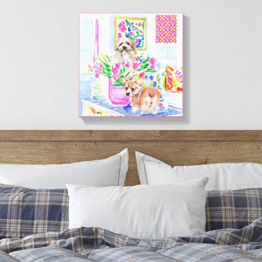 Honden en bos tulpen in preppy interieur canvas afdruk (Insitu (Slaapkamer))