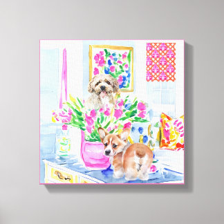 Honden en bos tulpen in preppy interieur canvas afdruk
