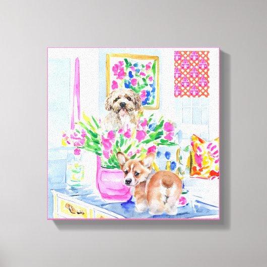Honden en bos tulpen in preppy interieur canvas afdruk (Voorkant)