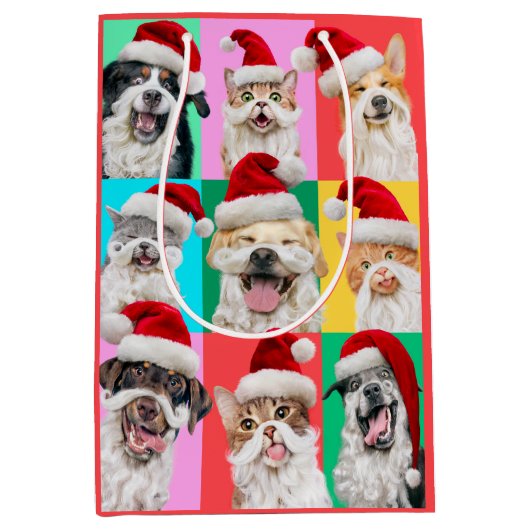 Honden en katten met kerstbaard medium cadeauzakje (Voorkant)