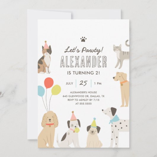 Honden en katten Puppy Kitten Let's Pawty Verjaard Kaart (Voorkant)