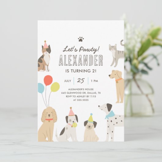 Honden en katten Puppy Kitten Let's Pawty Verjaard Kaart (Staand voorkant)