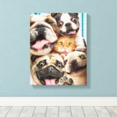 Honden en kattengroepfoto canvas afdruk (Insitu (Houten vloer))