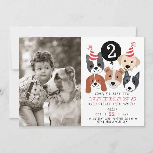 Honden en zwarte ballon foto verjaardag uitnodigen kaart (Voorkant)