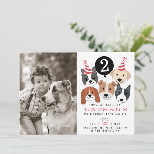 Honden en zwarte ballon foto verjaardag uitnodigen kaart (Staand voorkant)