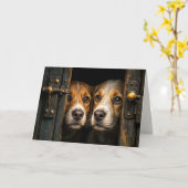 Honden gluren door een deuropening kaart (Gele Bloem)