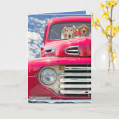 Honden in rode truck verjaardag kaart (Gele Bloem)