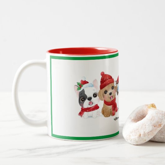 Honden in Santa Hats Animals Puppies Modern Holida Tweekleurige Koffiemok (Met donut)