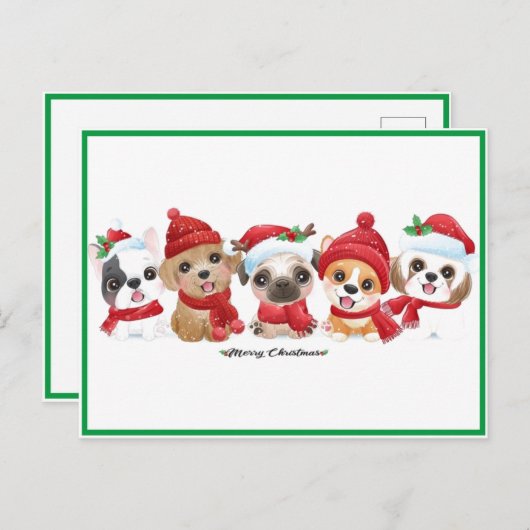 Honden in Santa Hats Animals Puppies Moderne Groen Feestdagenkaart (Voorkant / Achterkant)