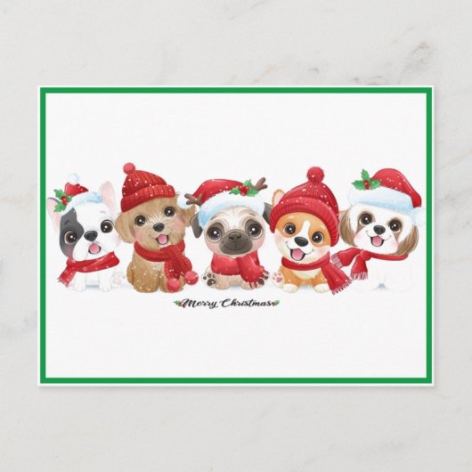 Honden in Santa Hats Animals Puppies Moderne Groen Feestdagenkaart (Voorkant)