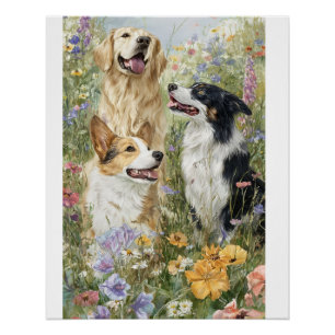 Honden in wilde bloemen poster
