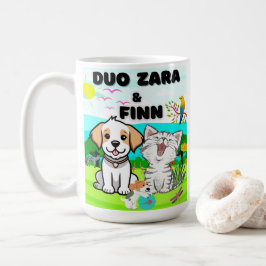 Honden, katten, gevederde lekkernijen te midden va koffiemok
