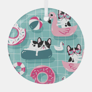 Honden met zwembaddrijvers, dessin. glas ornament