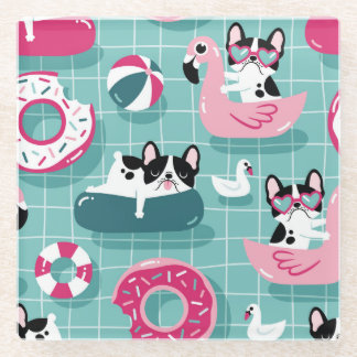 Honden met zwembaddrijvers, dessin. glazen onderzetter