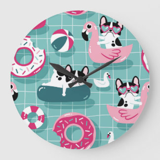 Honden met zwembaddrijvers,  dessin. grote klok