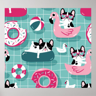 Honden met zwembaddrijvers, dessin. poster
