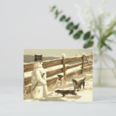 Honden ontmoeten sneeuwman door het hek, klassieke briefkaart (Staand voorkant)
