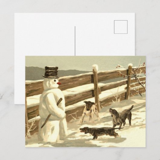 Honden ontmoeten sneeuwman door het hek, klassieke briefkaart (Voorkant / Achterkant)