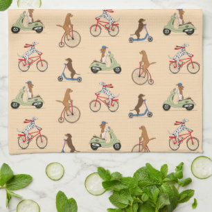 Honden op fietsen en scooters - crème theedoek