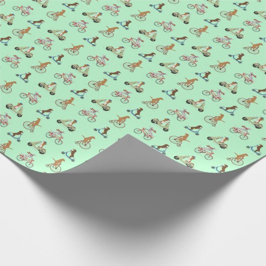 Honden op fietsen en scooters - groen cadeaupapier (Hoek)