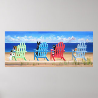Honden op Rainbow Adirondack Stoelen op het strand Poster