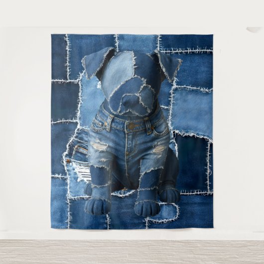 Honden Patchwork Kunst Denim Wandkleed (Voorkant)