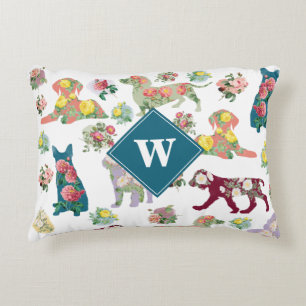 Honden Patroon en  Waterverf bloemen monogram Accent Kussen