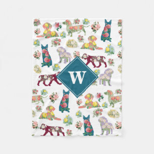 Honden Patroon en Waterverf bloemen monogram Fleece Deken